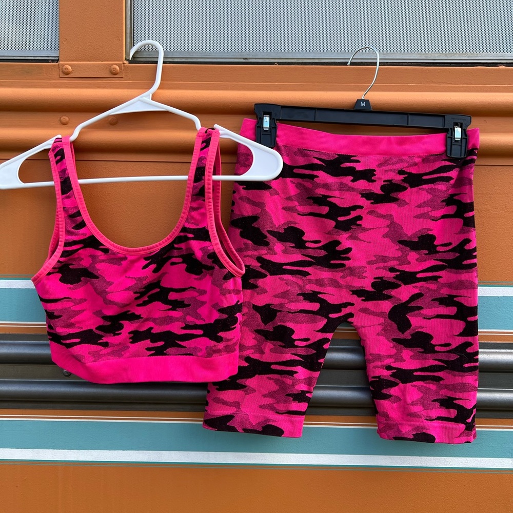 Hot Pink Camo Biker Shorts and Top